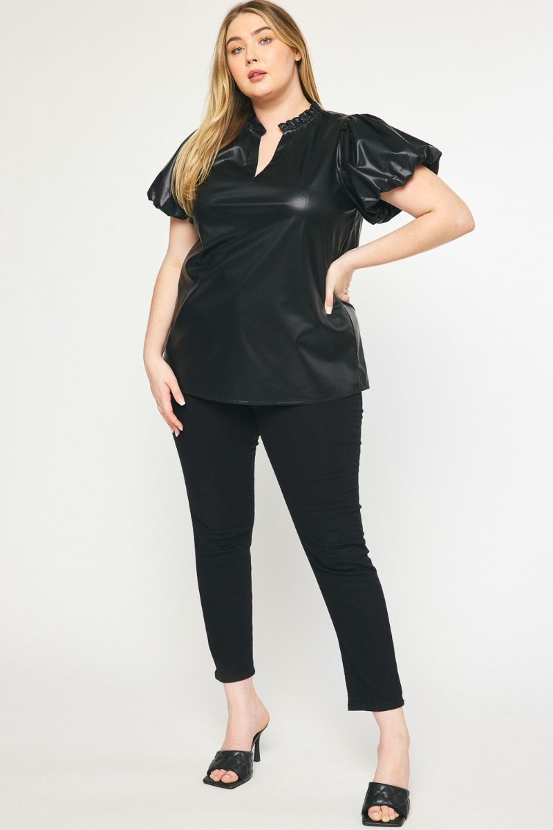 CURVY FAUX LEATHER V-NECK TOP--BLACK