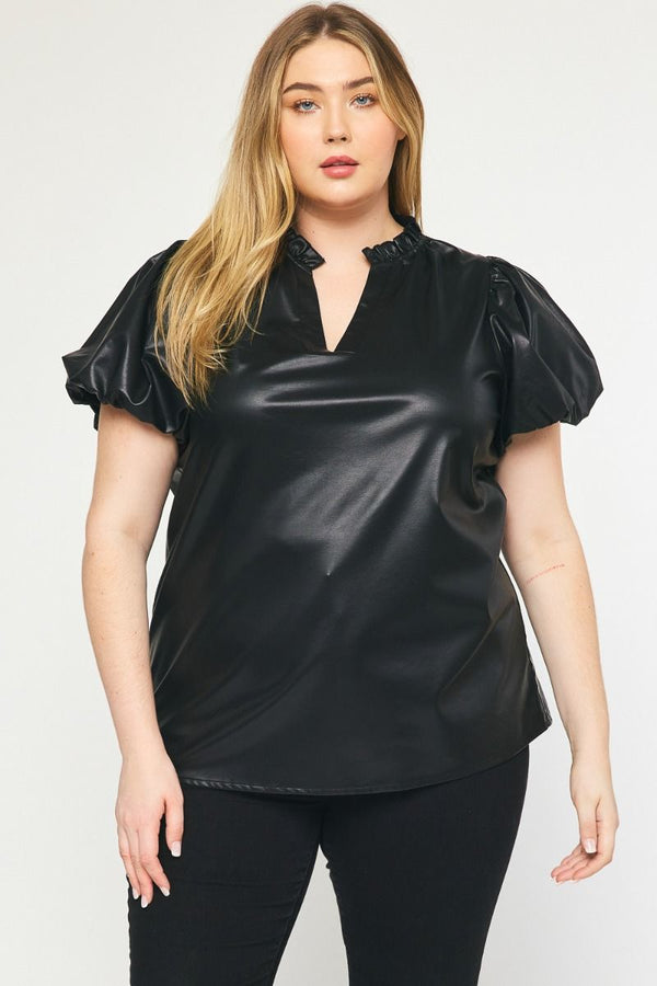 CURVY FAUX LEATHER V-NECK TOP--BLACK