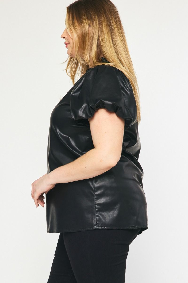 CURVY FAUX LEATHER V-NECK TOP--BLACK