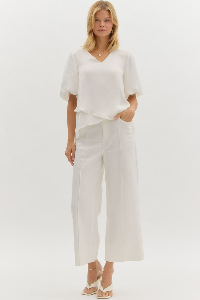 HIGH LOW TOP WITH PUFF SLEEVES--WHITE