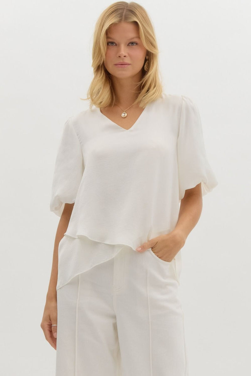 HIGH LOW TOP WITH PUFF SLEEVES--WHITE