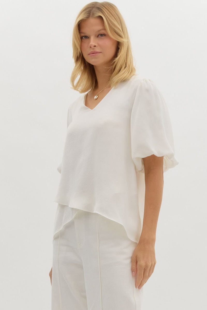 HIGH LOW TOP WITH PUFF SLEEVES--WHITE