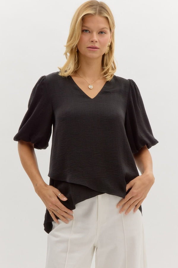 HIGH LOW TOP WITH PUFF SLEEVES--BLACK