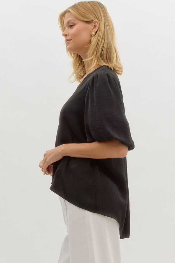 HIGH LOW TOP WITH PUFF SLEEVES--BLACK