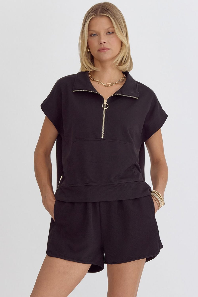 TEXTURED HALF ZIP TOP--BLACK