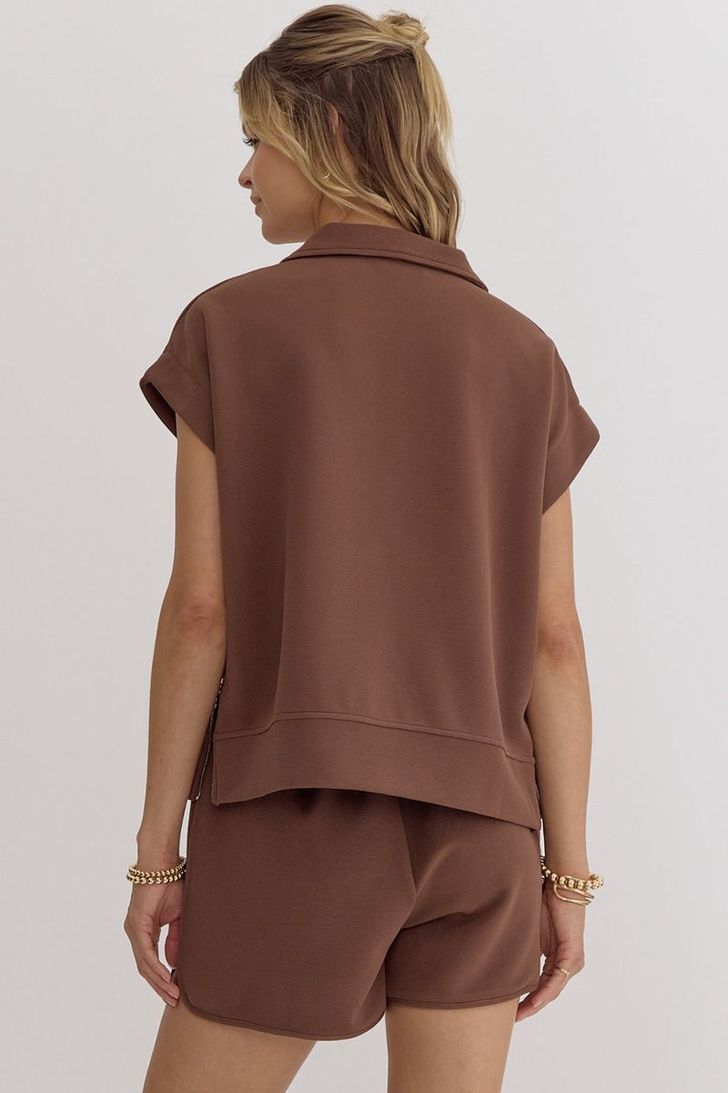 TEXTURED HALF ZIP TOP--ESPRESSO