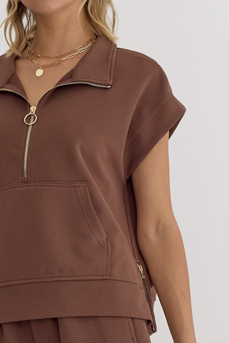 TEXTURED HALF ZIP TOP--ESPRESSO