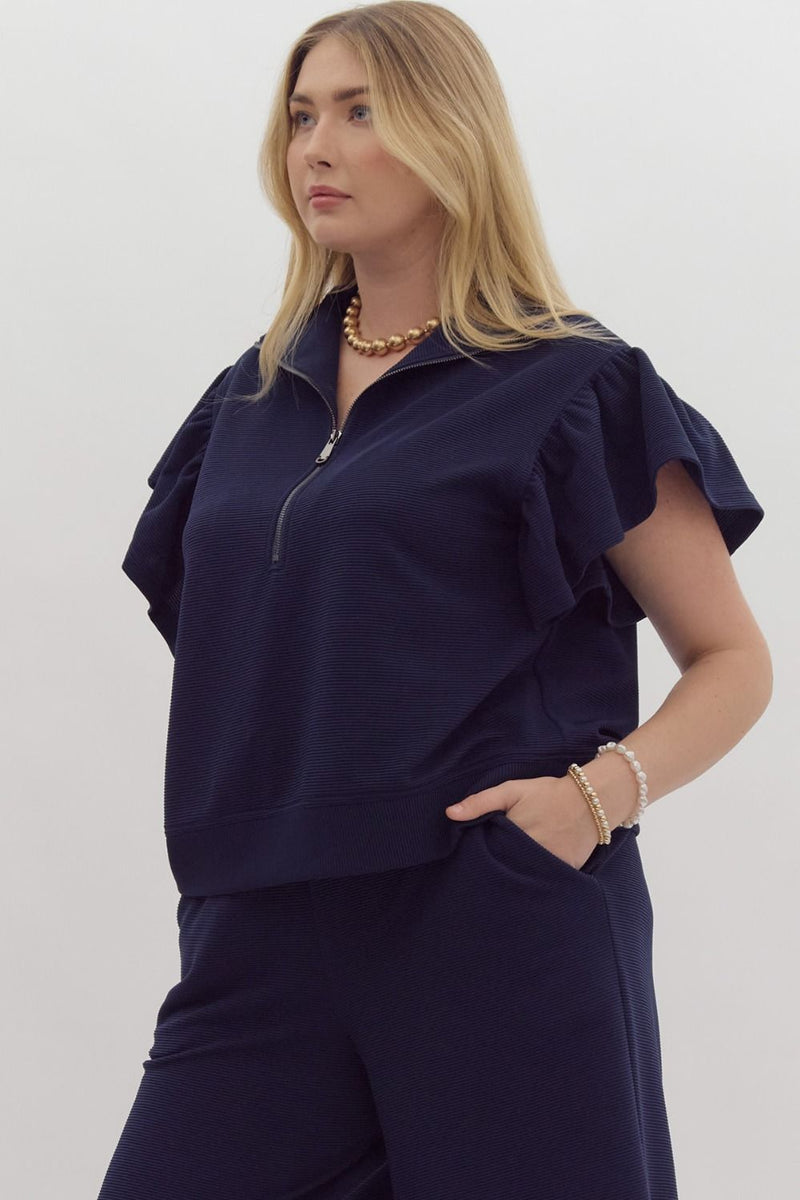 CURVY THINK POSITIVE TEXTURED TOP--NAVY