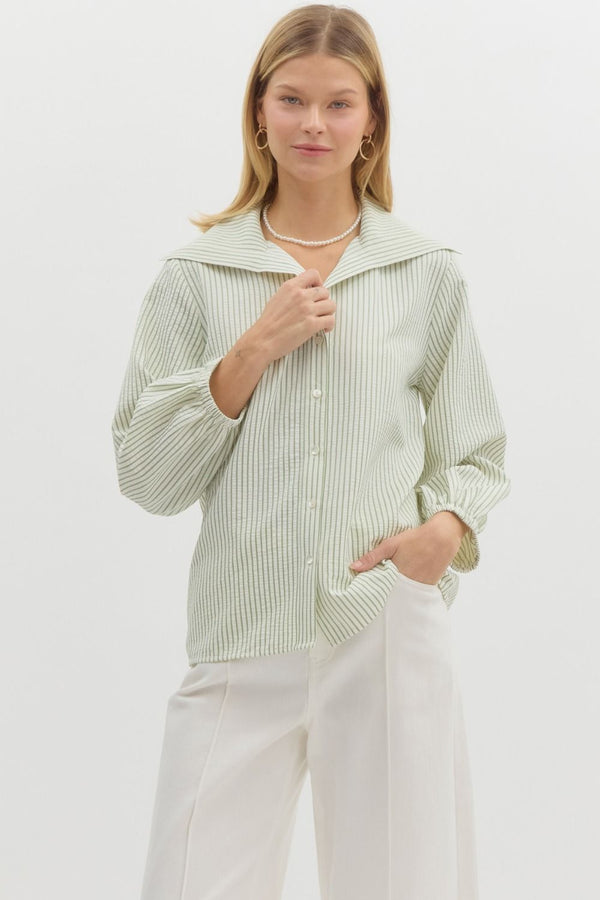 PINSTRIPE WIDE COLLAR TOP--GREEN TEA