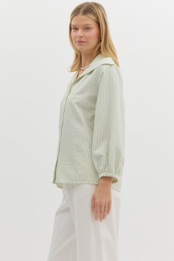 PINSTRIPE WIDE COLLAR TOP--GREEN TEA