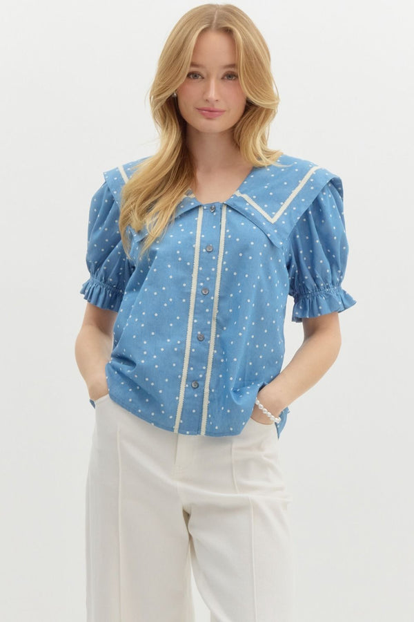 PETER PAN COLLARED POLKA DOT TOP--BLUE