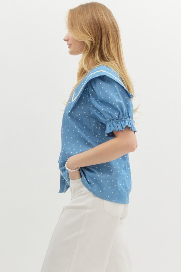 PETER PAN COLLARED POLKA DOT TOP--BLUE