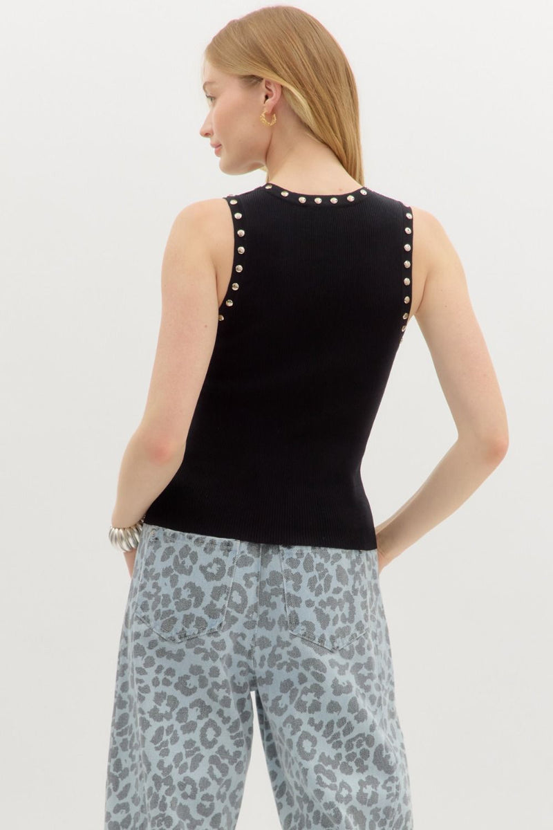 RIBBED TANK WITH STUD DETAILING--BLACK