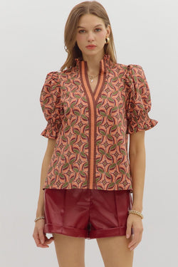 ABSTRACT V-NECK TOP--TERRA COTTA
