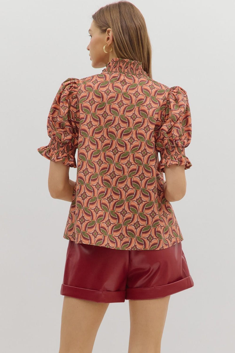 ABSTRACT V-NECK TOP--TERRA COTTA