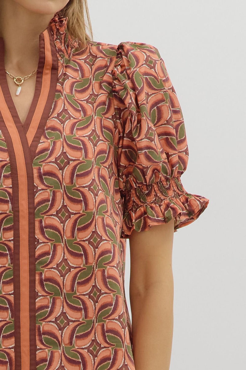 ABSTRACT V-NECK TOP--TERRA COTTA