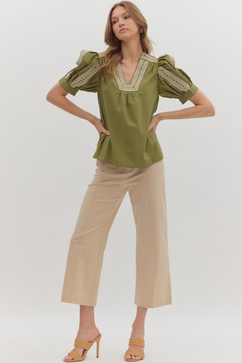 EMBROIDERED NECKLINE PUFF SLEEVE TOP--OLIVE