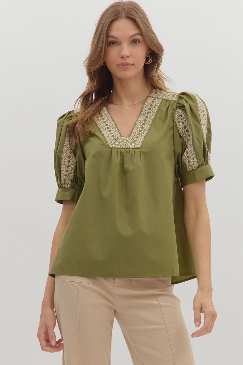 EMBROIDERED NECKLINE PUFF SLEEVE TOP--OLIVE