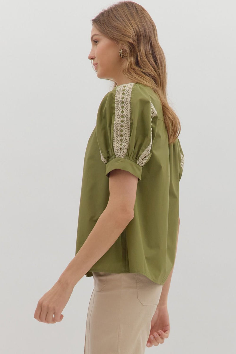 EMBROIDERED NECKLINE PUFF SLEEVE TOP--OLIVE