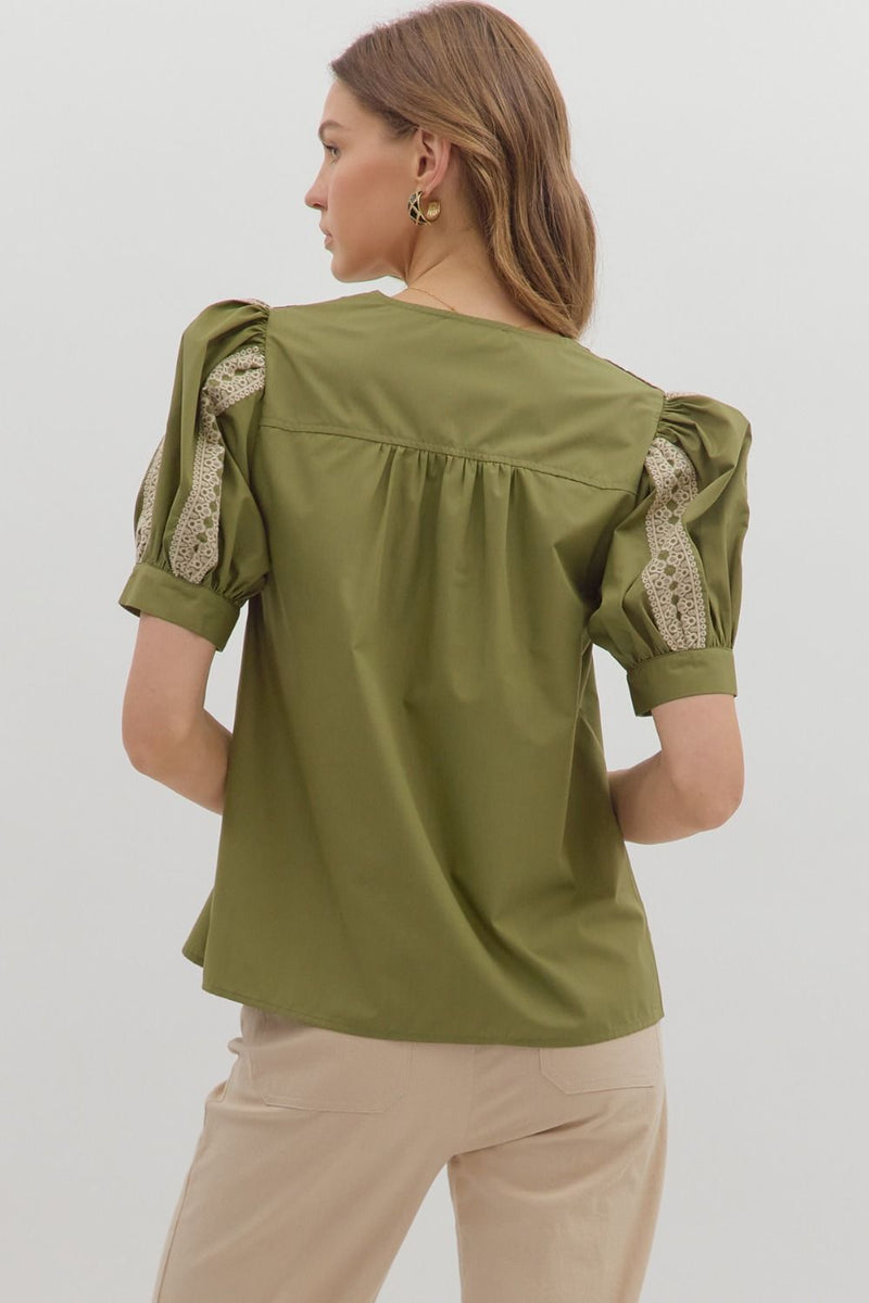 EMBROIDERED NECKLINE PUFF SLEEVE TOP--OLIVE