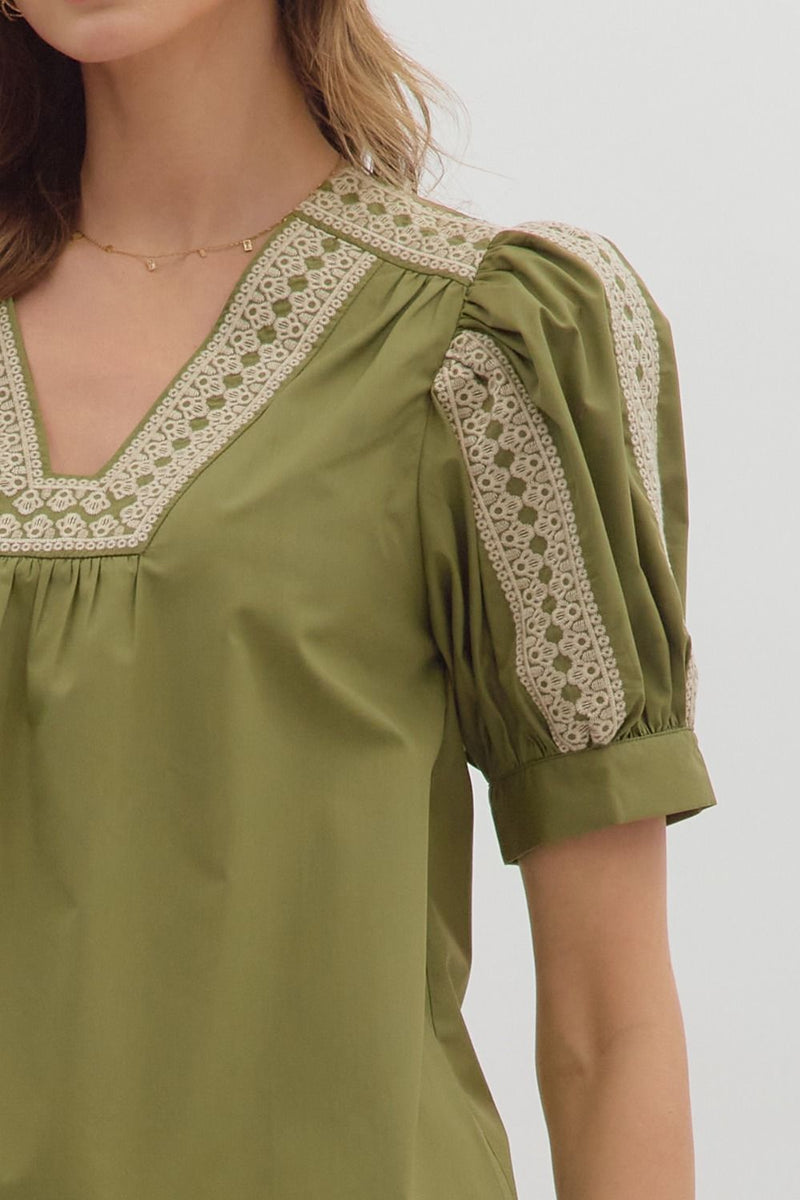 EMBROIDERED NECKLINE PUFF SLEEVE TOP--OLIVE