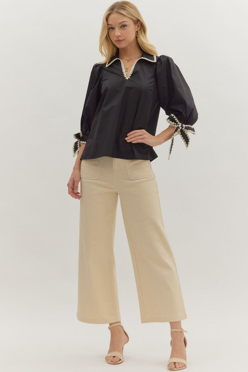 BOW TIE 3/4 SLEEVE TOP--BLACK