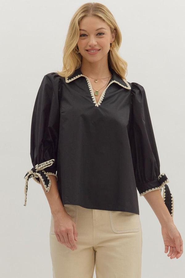 BOW TIE 3/4 SLEEVE TOP--BLACK