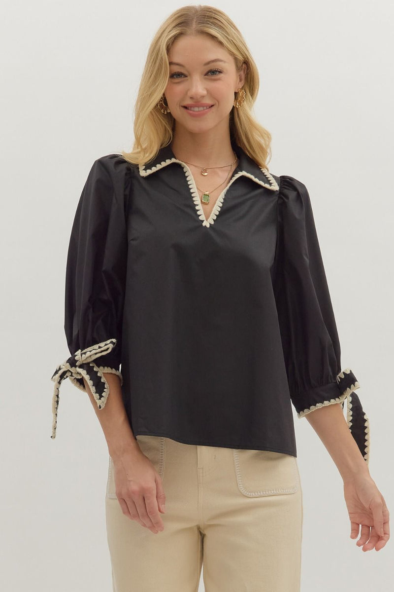 BOW TIE 3/4 SLEEVE TOP--BLACK