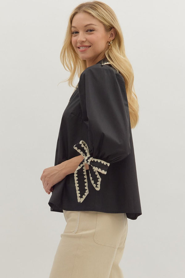 BOW TIE 3/4 SLEEVE TOP--BLACK