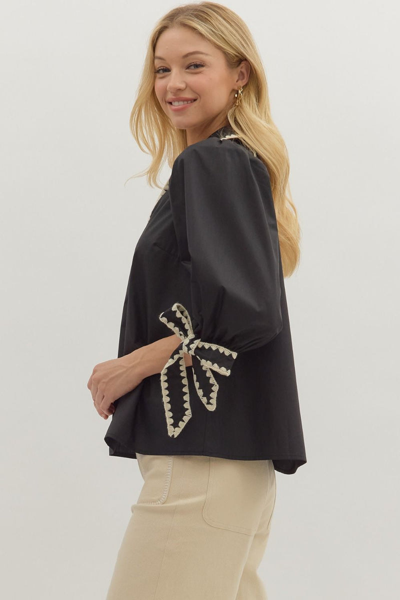 BOW TIE 3/4 SLEEVE TOP--BLACK