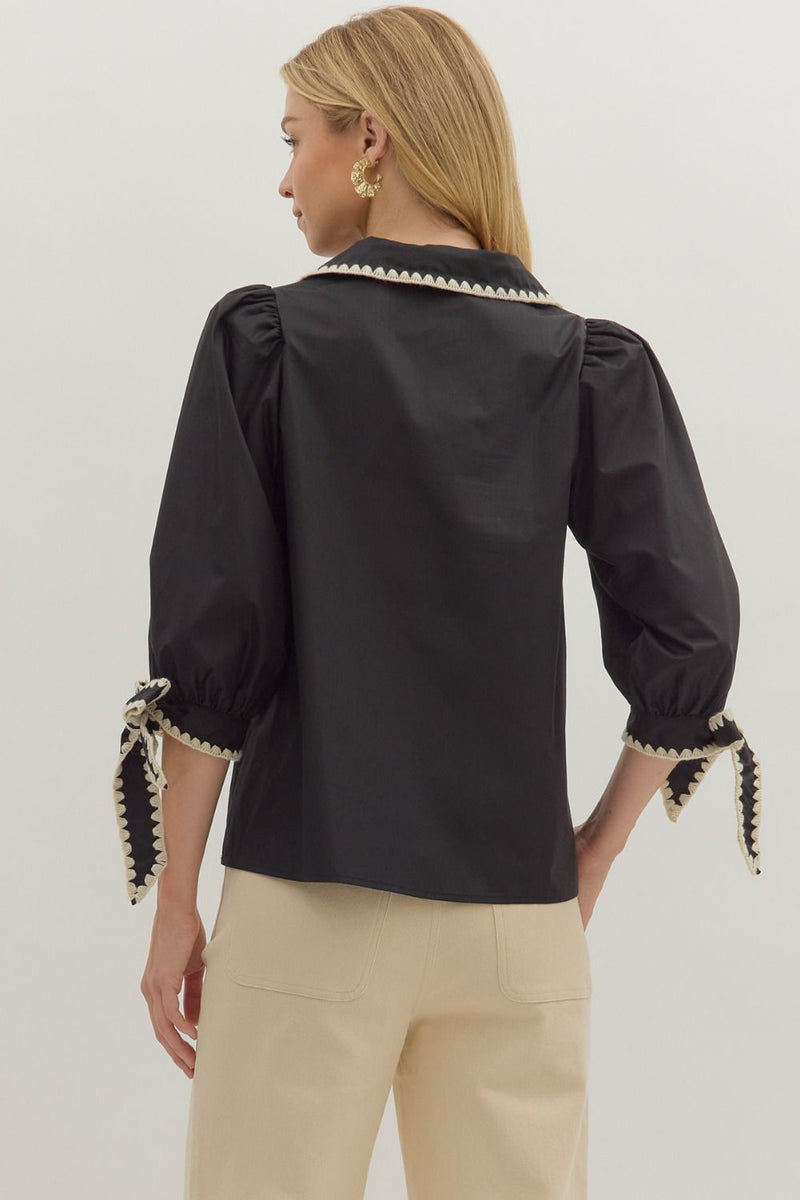 BOW TIE 3/4 SLEEVE TOP--BLACK