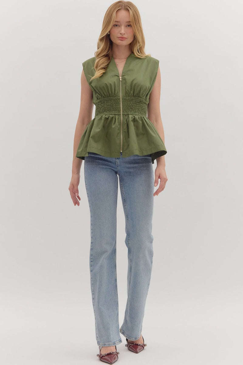 SLEEVELESS PEPLUM TOP--OLIVE
