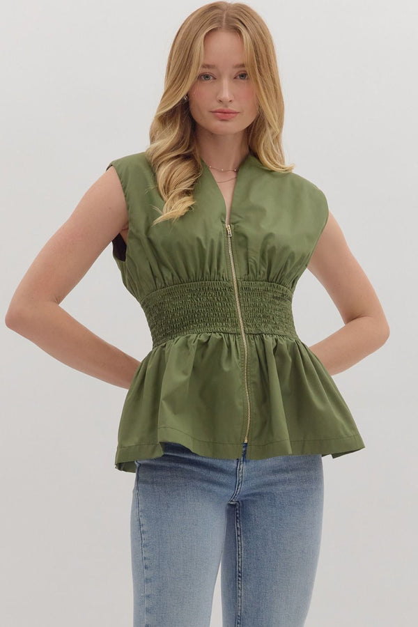SLEEVELESS PEPLUM TOP--OLIVE