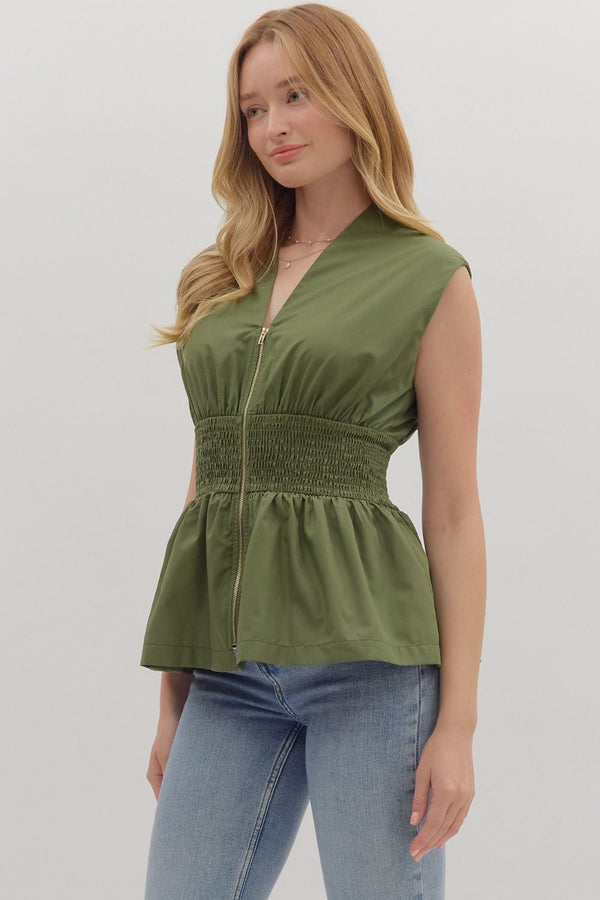 SLEEVELESS PEPLUM TOP--OLIVE