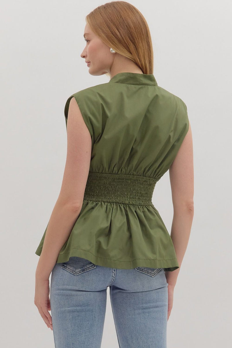 SLEEVELESS PEPLUM TOP--OLIVE