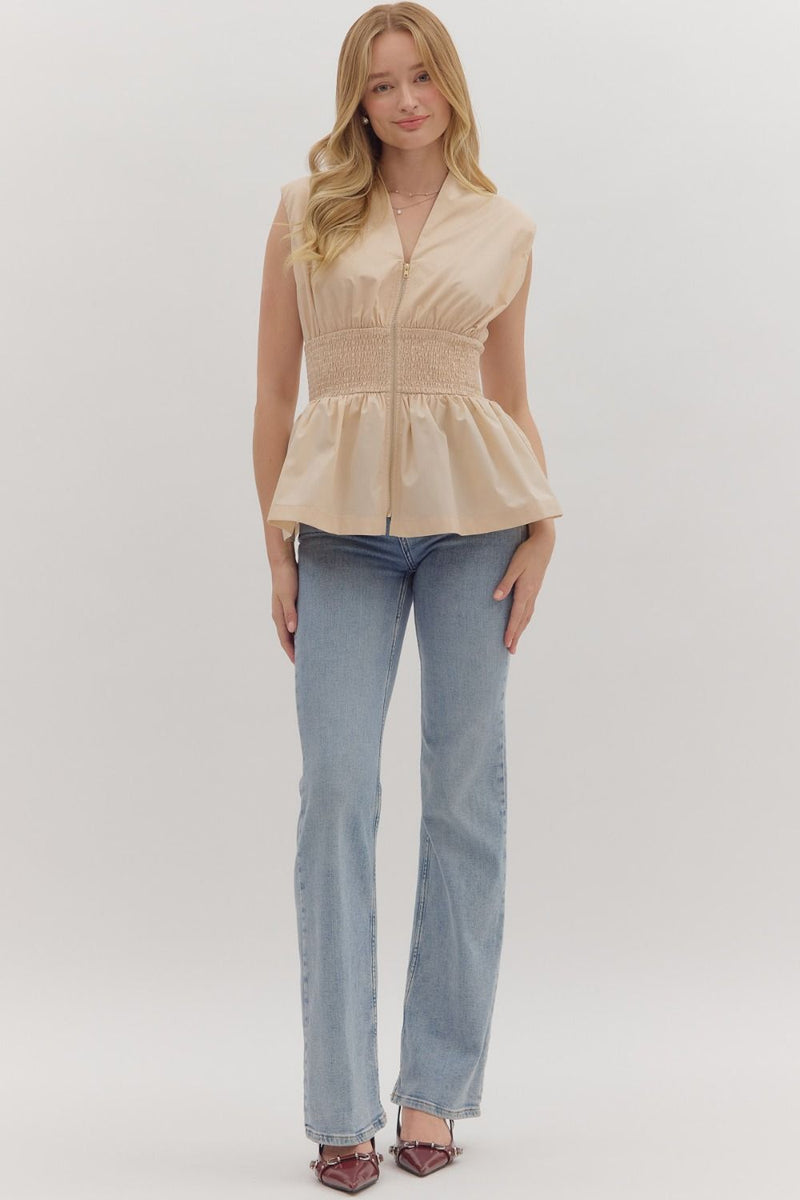 SLEEVELESS PEPLUM TOP--ECRU