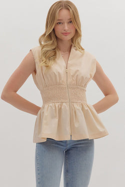 SLEEVELESS PEPLUM TOP--ECRU