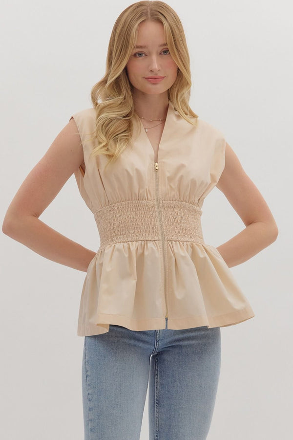 SLEEVELESS PEPLUM TOP--ECRU