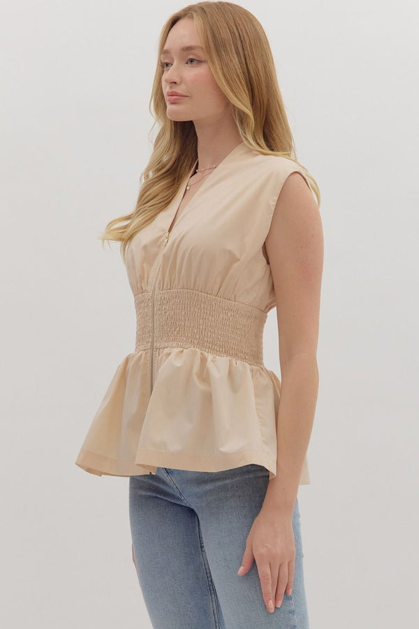 SLEEVELESS PEPLUM TOP--ECRU