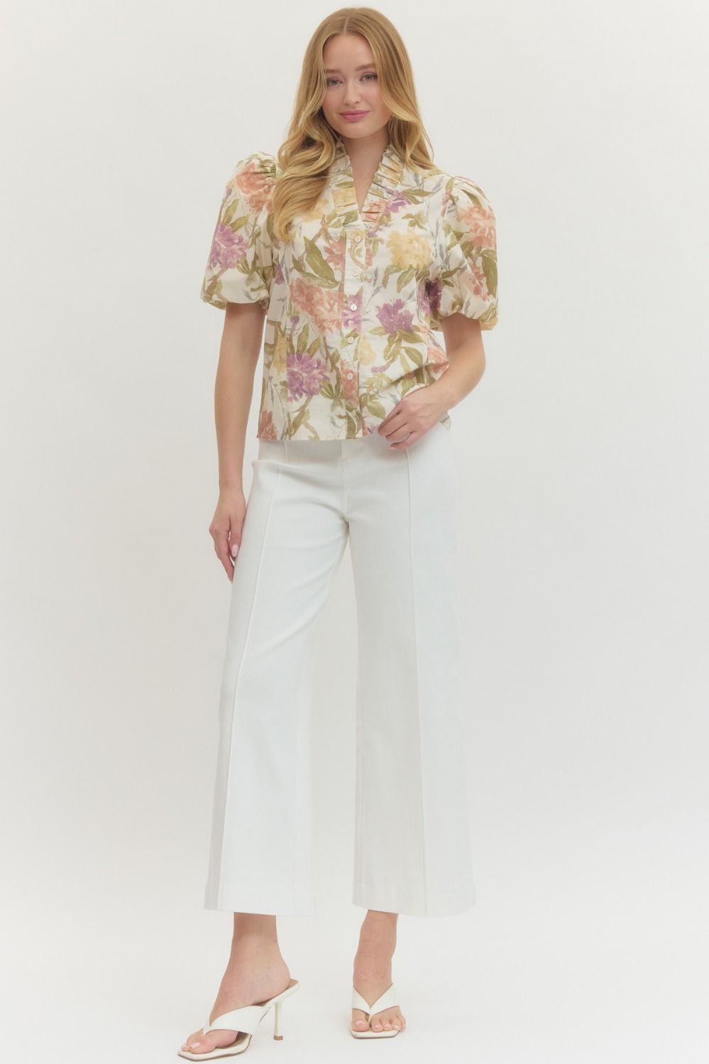 FLORAL PUFF SLEEVE V-NECK TOP--ECRU/LAVENDER MIX
