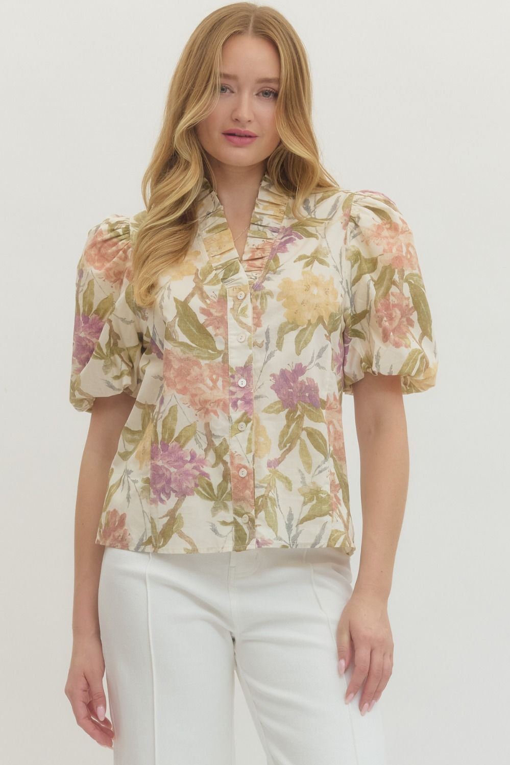 FLORAL PUFF SLEEVE V-NECK TOP--ECRU/LAVENDER MIX