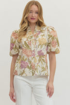 FLORAL PUFF SLEEVE V-NECK TOP--ECRU/LAVENDER MIX