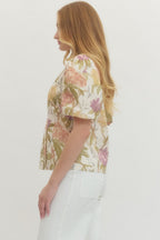 FLORAL PUFF SLEEVE V-NECK TOP--ECRU/LAVENDER MIX