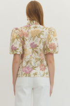 FLORAL PUFF SLEEVE V-NECK TOP--ECRU/LAVENDER MIX