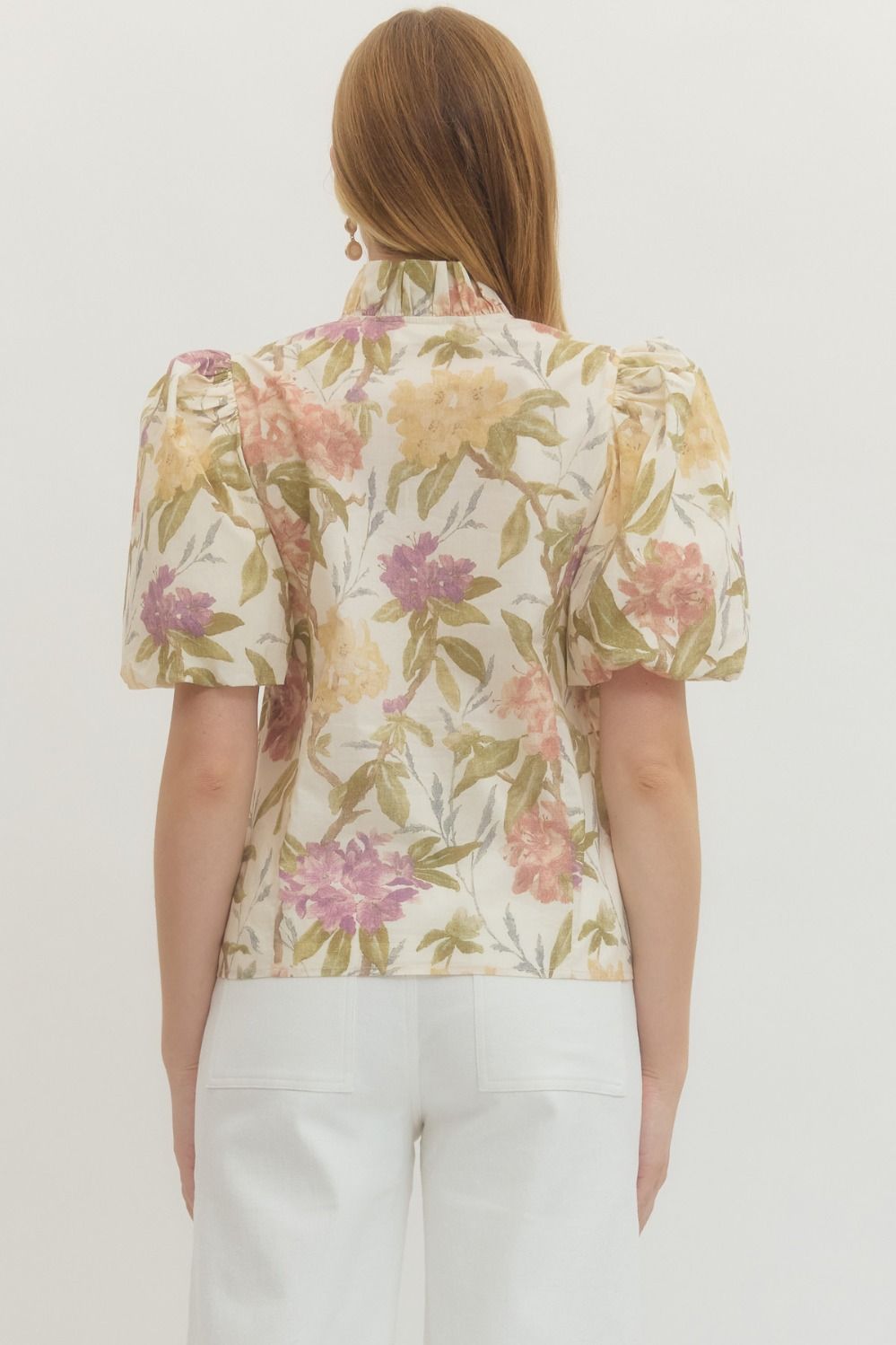 FLORAL PUFF SLEEVE V-NECK TOP--ECRU/LAVENDER MIX