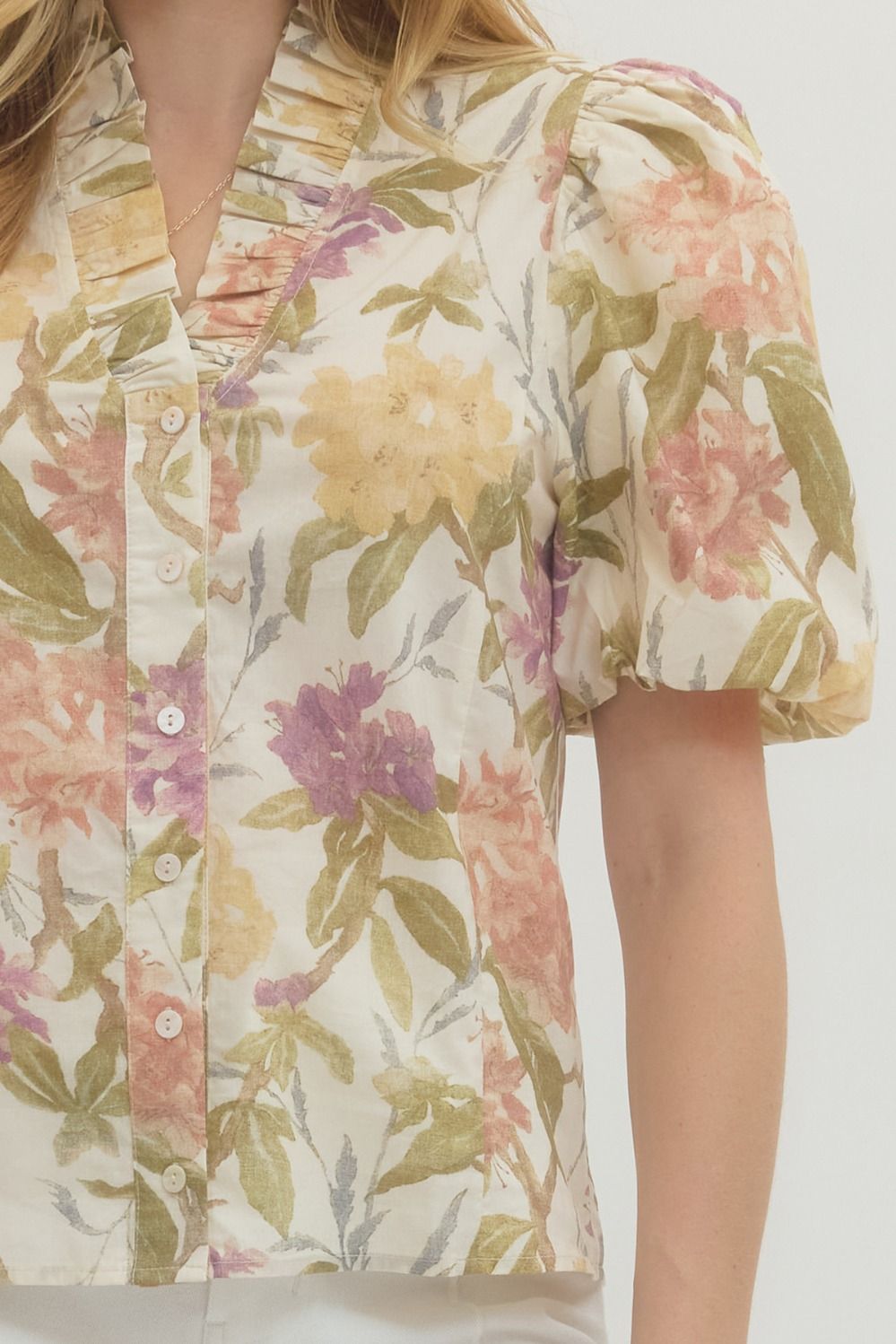 FLORAL PUFF SLEEVE V-NECK TOP--ECRU/LAVENDER MIX