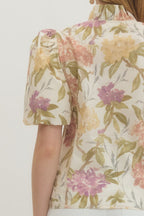 FLORAL PUFF SLEEVE V-NECK TOP--ECRU/LAVENDER MIX