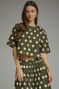 SHORT SLEEVE ROUND NECK POLKA DOT TOP--OLIVE