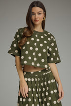 SHORT SLEEVE ROUND NECK POLKA DOT TOP--OLIVE