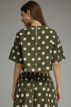 SHORT SLEEVE ROUND NECK POLKA DOT TOP--OLIVE